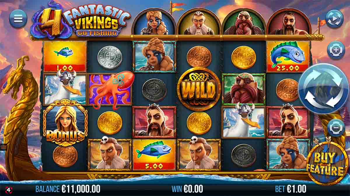 4 Fantastic Vikings Go Fishing slot developed by 4ThePlayer, showcasing the Base Game interface
