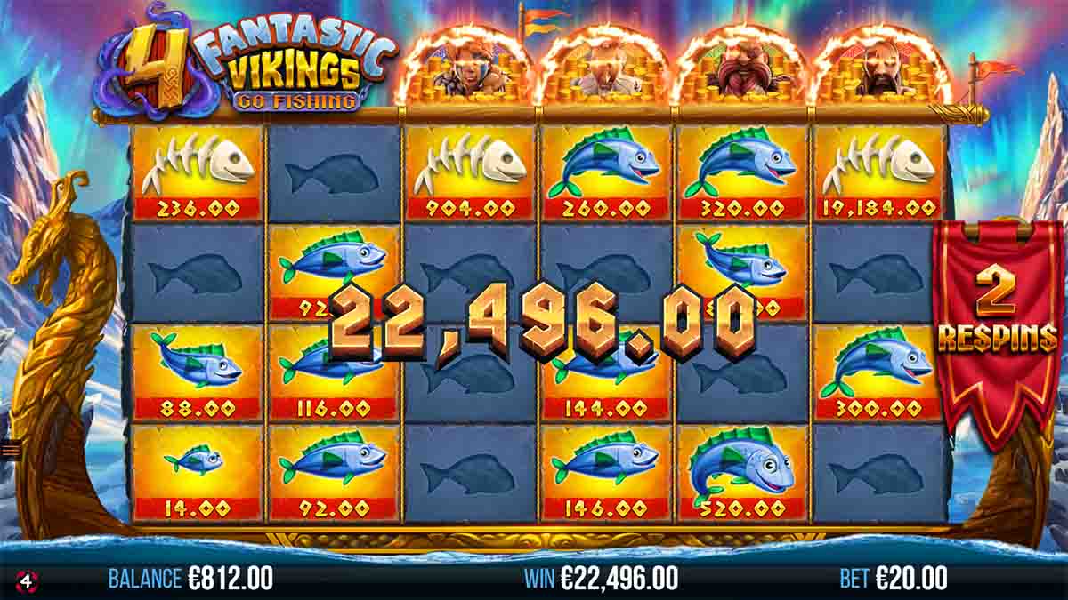 4 Fantastic Vikings Go Fishing slot developed by 4ThePlayer, demonstrating a Win of 22,496 during a Free Respins Round