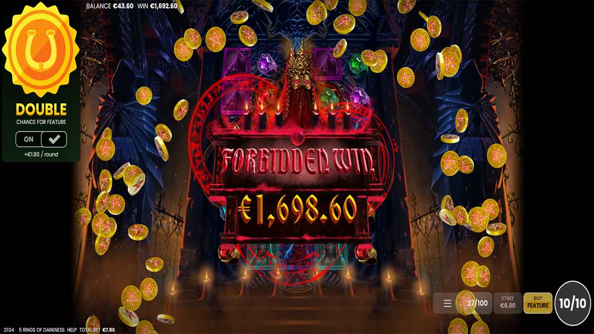 In the 5 Rings of Darkness slot game by Octoplay, score a Forbidden Win of €1,698