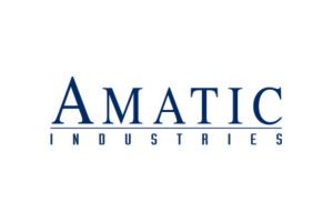 The Amatic logo unveils its brand’s elegance, portrayed in dark, curved blue letters.