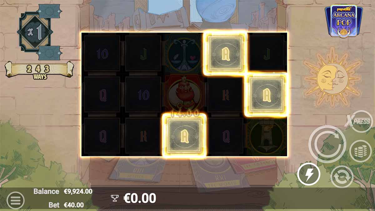 ArcanaPop slot game by AvatarUX, spotlighting a 14.00 Win