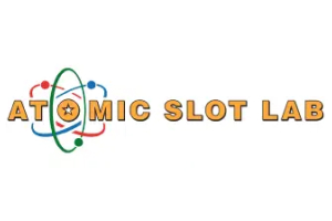 Featuring standout yellow text bordered in dark, the Atomic Slot Lab Logo sets an atom graphic at the core, centered around the 'O' in Slot.