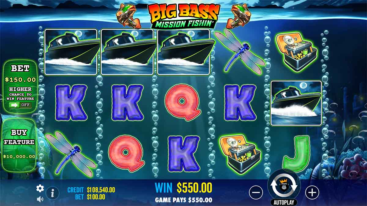 A snapshot of the Big Bass Fishing Mission slot game by Pragmatic Play, displaying a Win of 550.00