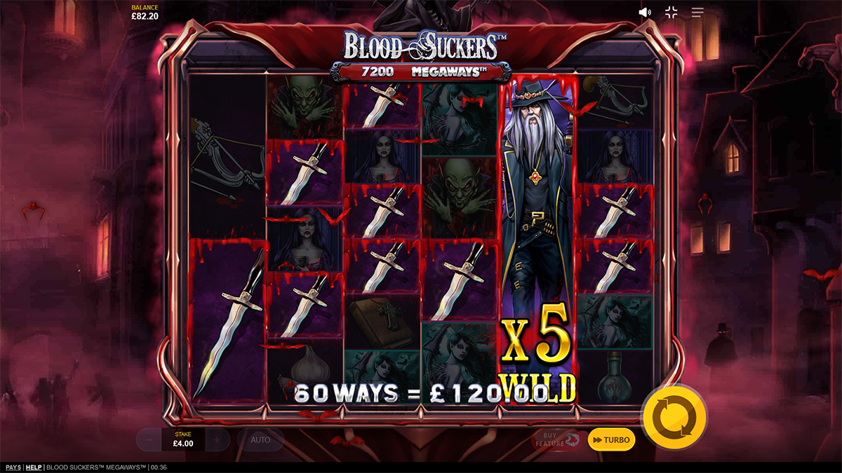 Blood Suckers Megaways slot game by Red Tiger Gaming, showing a 120 win