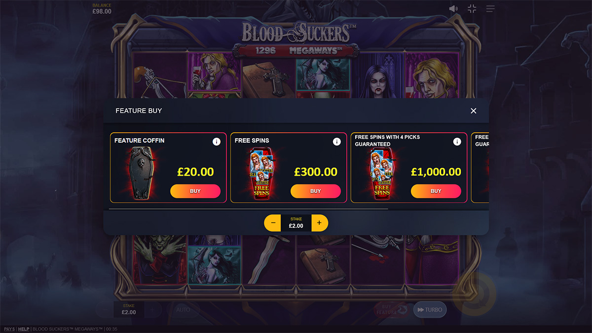 Blood Suckers Megaways slot game by Red Tiger Gaming, featuring purchase view with the slider adjusted to position 1