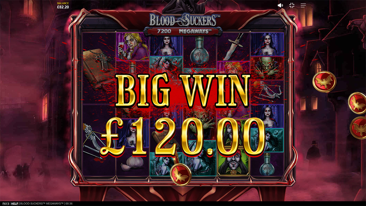 Blood Suckers Megaways slot game by Red Tiger Gaming, depicting a major win of 120