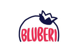 Featuring text in purple within a semi-circle, the Blueberi logo is completed with a fun clown hat design.