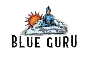 Blue Guru logo with 'GURU' in white on a cloud with sun, 'BLUE GURU' text underneath in black.