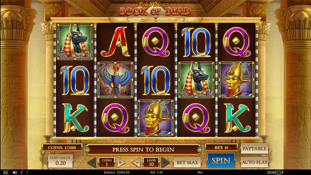 Book of Dead slot game courtesy of Netent, displaying the main game view
