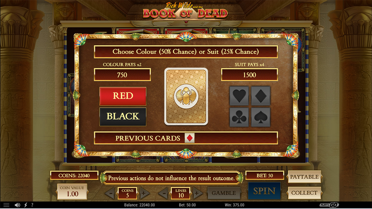 Book of Dead slot game courtesy of Netent, featuring a gamble win