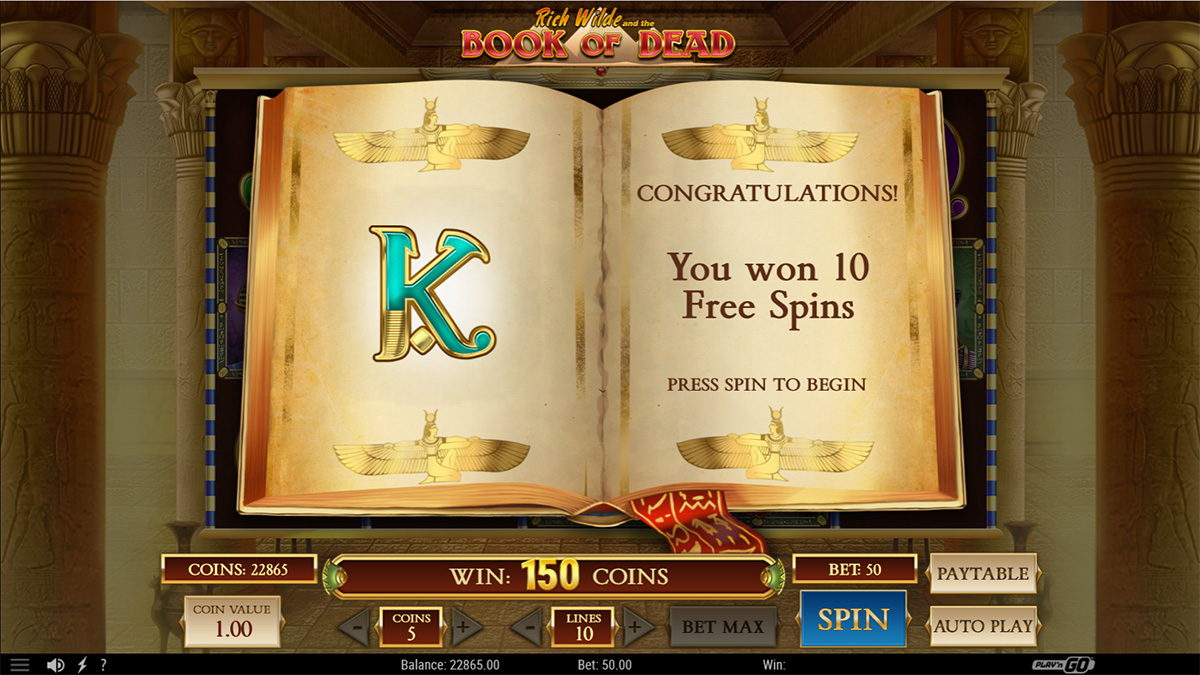 Book of Dead slot game courtesy of Netent, awarding 10 free spins