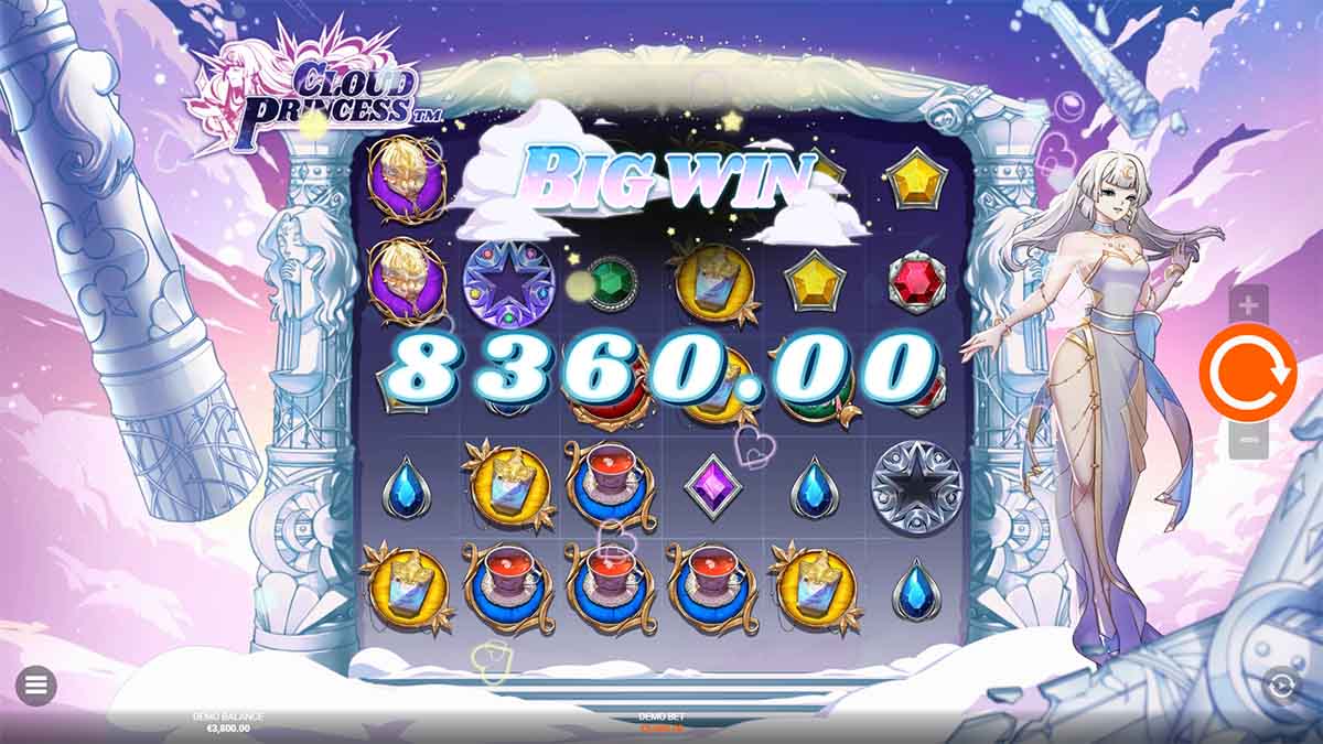Cloud Princess slot game by Hacksaw Gaming showing a Big Win of 8360.00