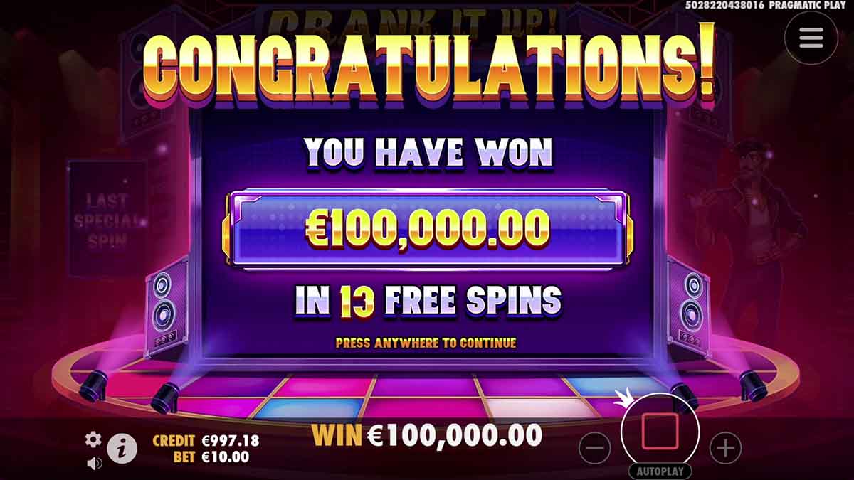 A thrilling 100,000.00 win in Crank It Up, a Pragmatic Play slot game