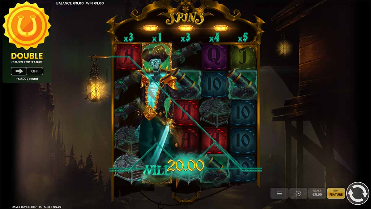 Davey Bones slot game from Octoplay showing a €20 win
