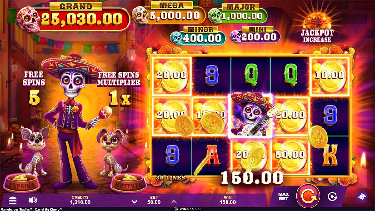 A Winning Moment: Day Of The Dinero slot by Gameburger Studios, scoring a 150.00 victory