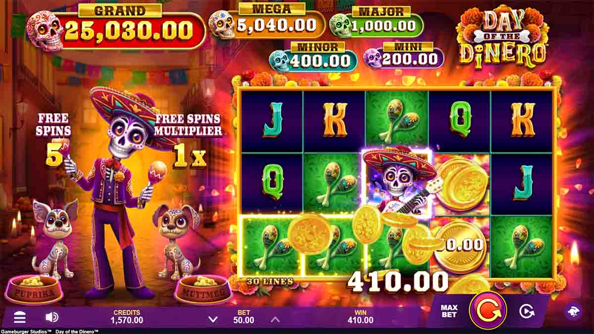 A Big Win: Day Of The Dinero slot by Gameburger Studios, showcasing a 410.00 triumph