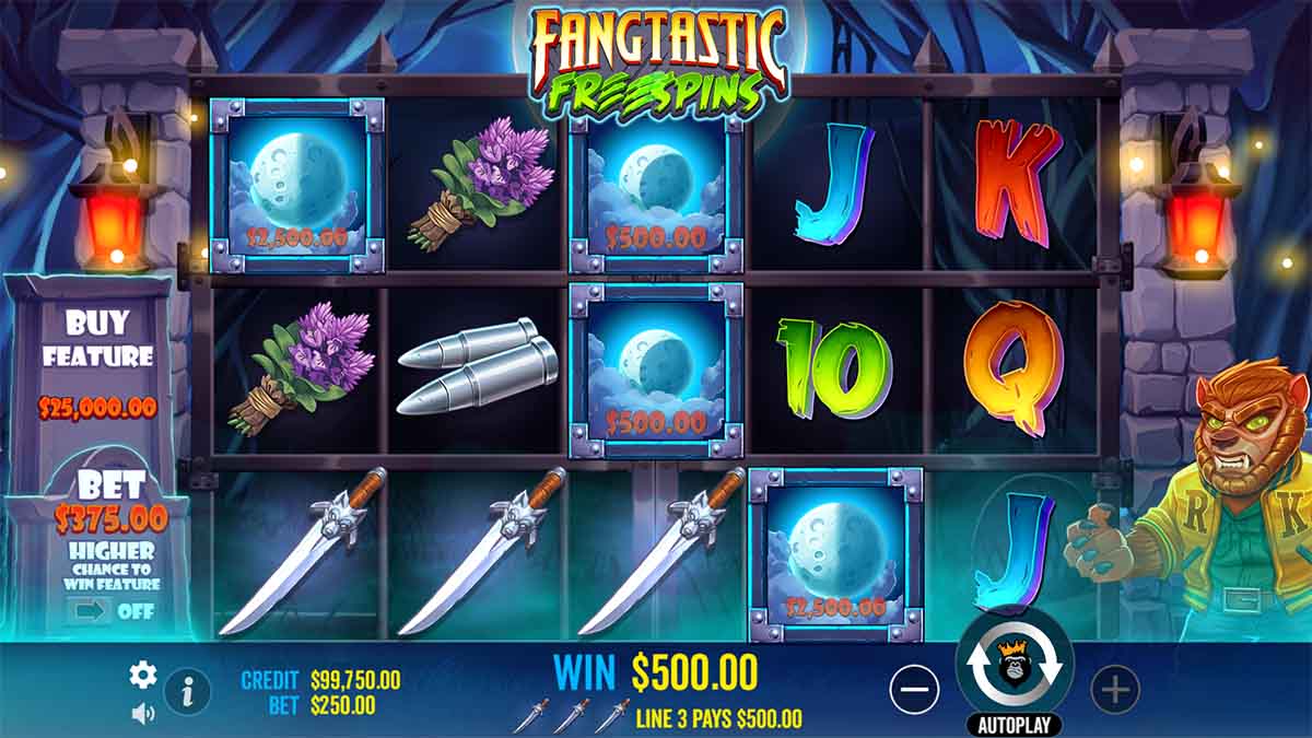 Fangtastic Freespins slot by Pragmatic Play, displaying a 500.00 Win