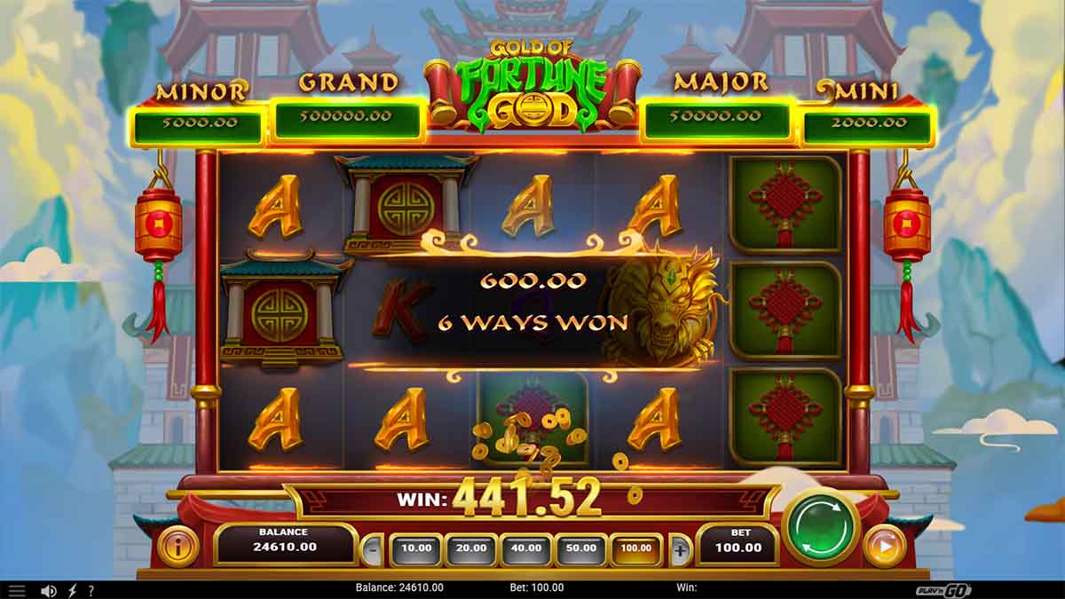 Gold of Fortune God slot by Play'n GO, showcasing a 600.00 win