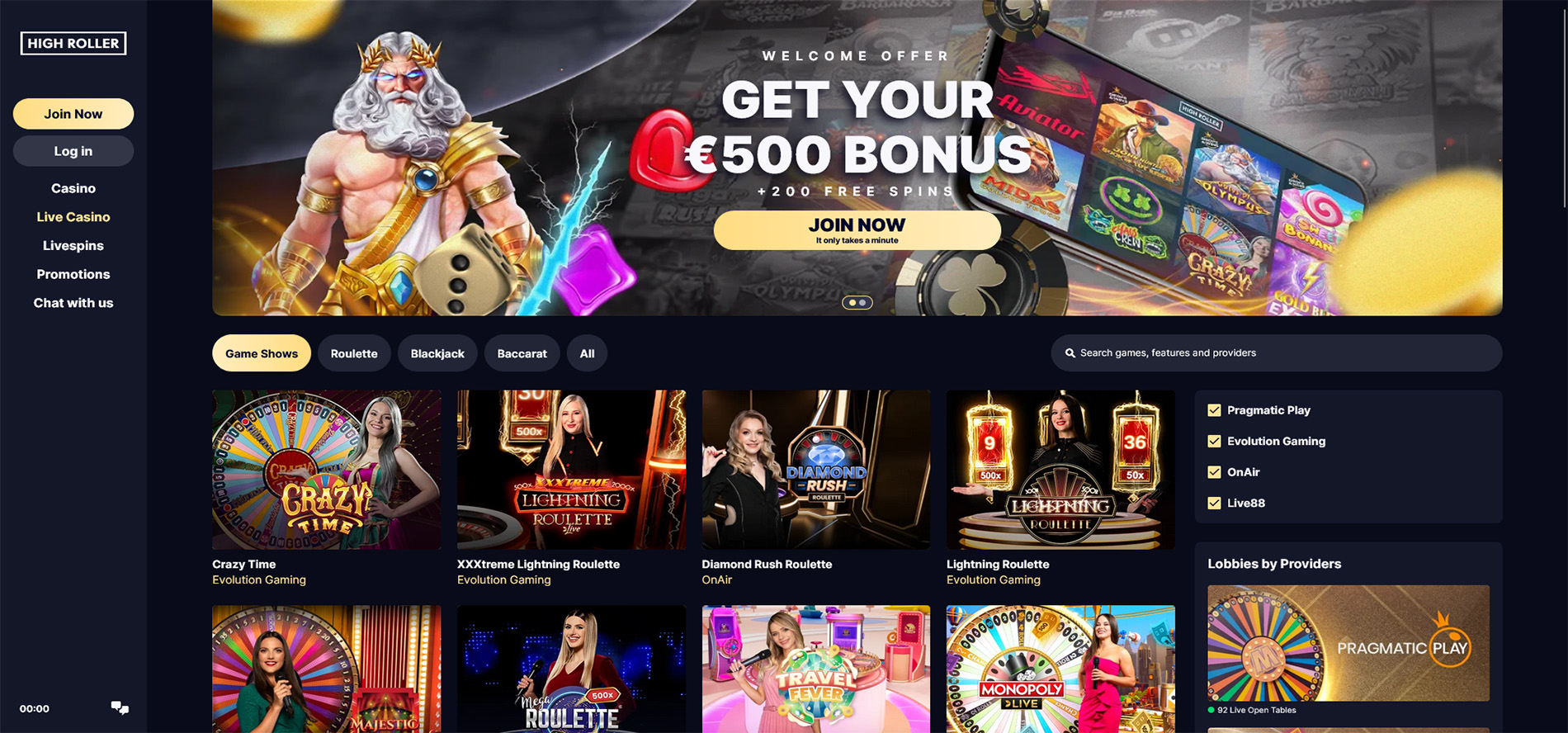 Page dedicated to High Roller online casino's live offerings.