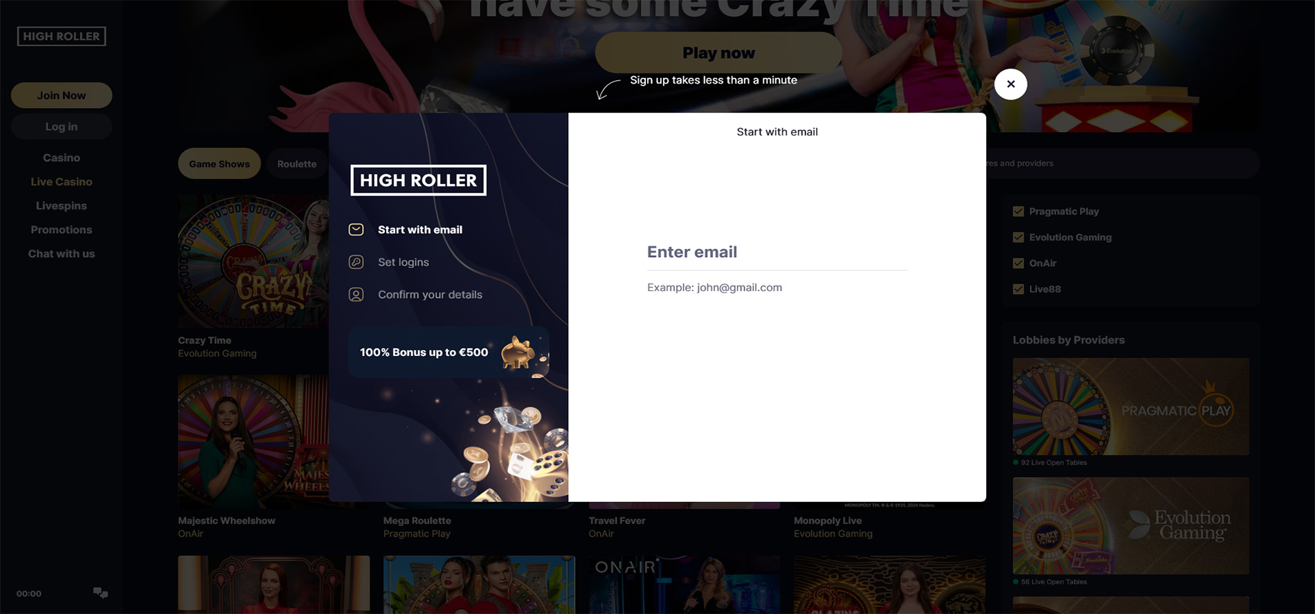 Popup for registration at High Roller online casino.