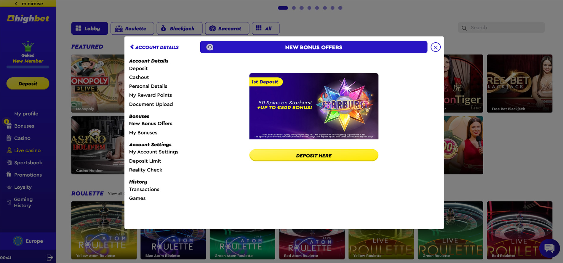New bonus offers popup available at Highbet online casino.