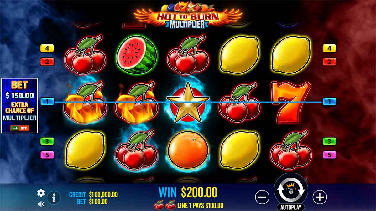 Hot to Burn Multiplier slot game by Pragmatic Play, depicting Win of 200.00