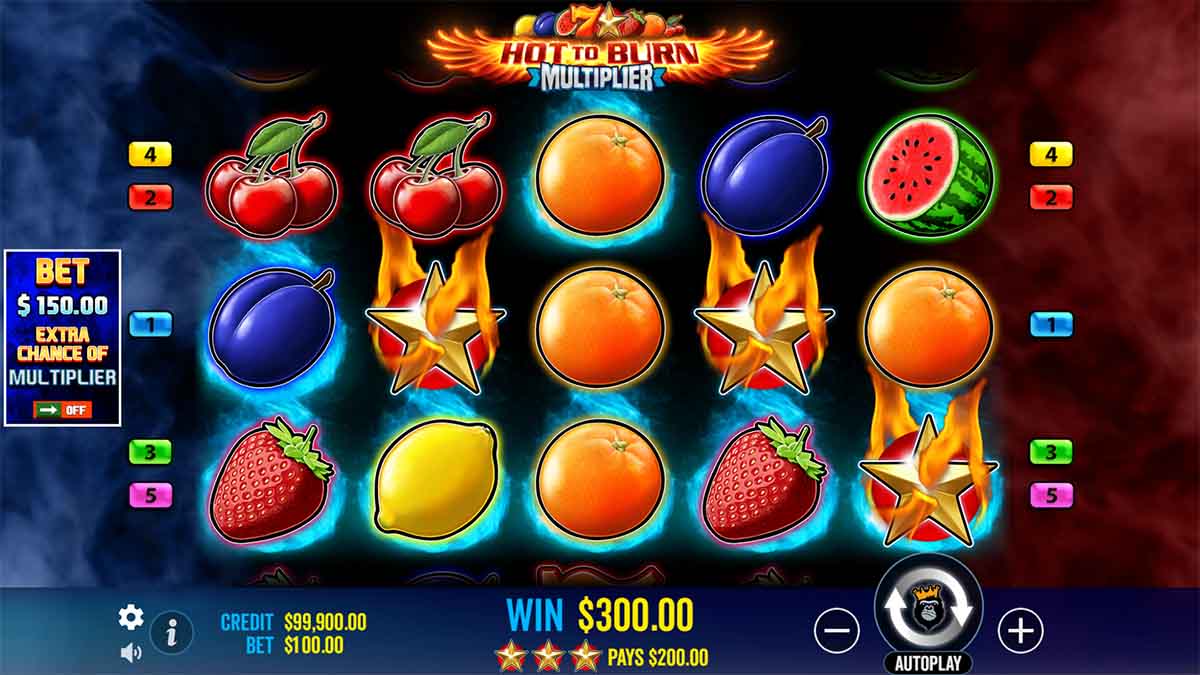 Hot to Burn Multiplier slot game by Pragmatic Play, depicting Win of 300.00