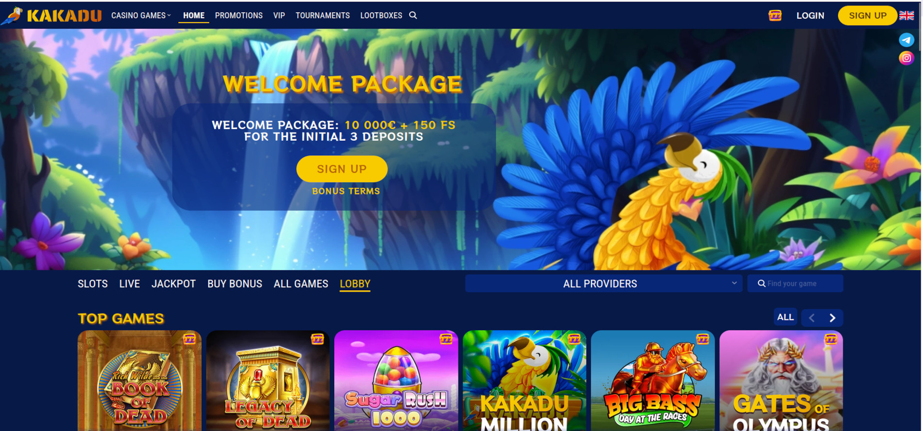 Homepage snapshot of Kakadu online casino.
