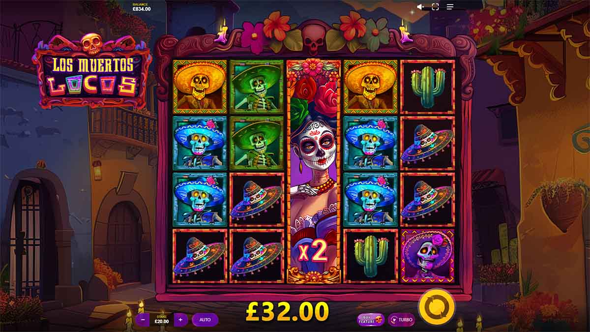 Los Muertos Locos slot by Max Win Gaming showing a Win of 32.00