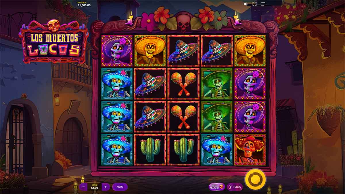 Snapshot of Base Game view for Los Muertos Locos slot by Max Win Gaming