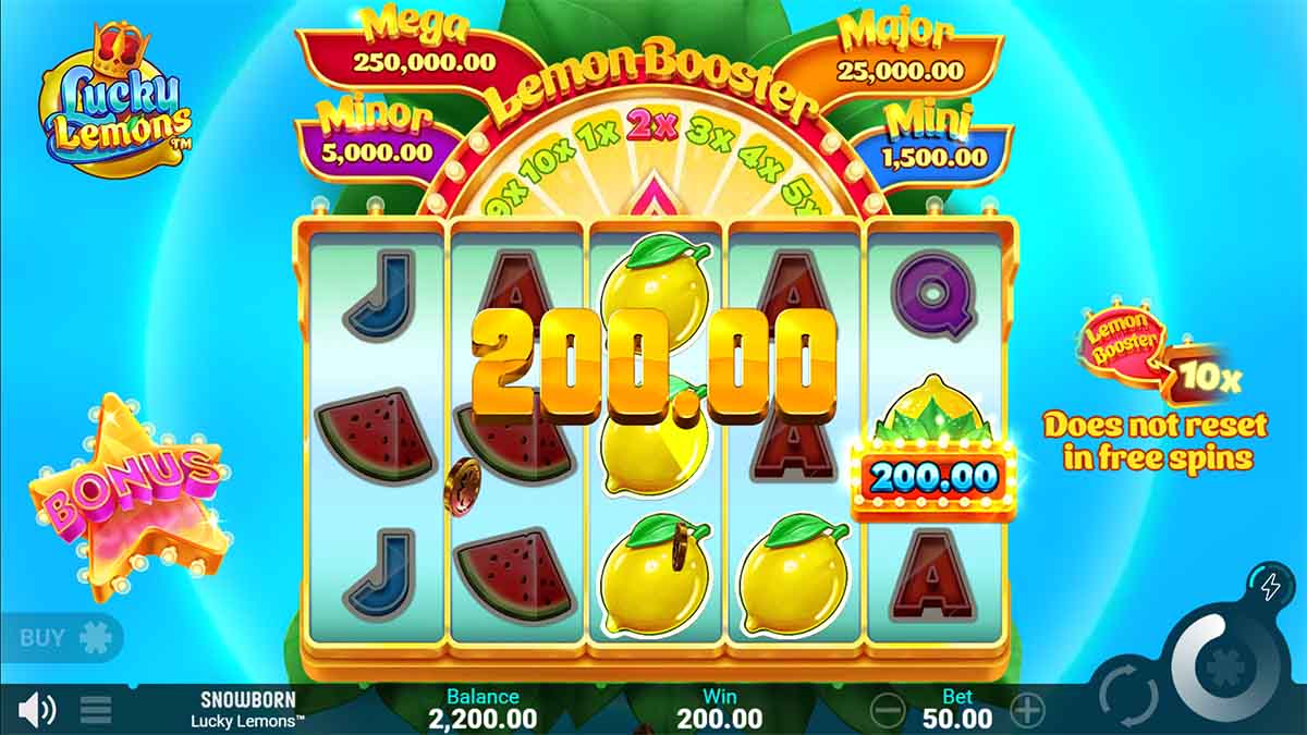 The Bonus round in Lucky Lemons reveals an exhilarating twist. Triggered randomly by landing a Lemon symbol across reels 1 through 4, this feature grants 3 bonus spins on a reset, empty grid. Each Lemon or Prize symbol landing refreshes the spin count to 3, keeping the excitement alive. Sticky Lemons and Prize symbols augment the play by occupying grid slots, eventually leading to a Mega Prize if all spaces are filled. The bonus concludes either when all spins are exhausted or the grid is complete, adding suspense.