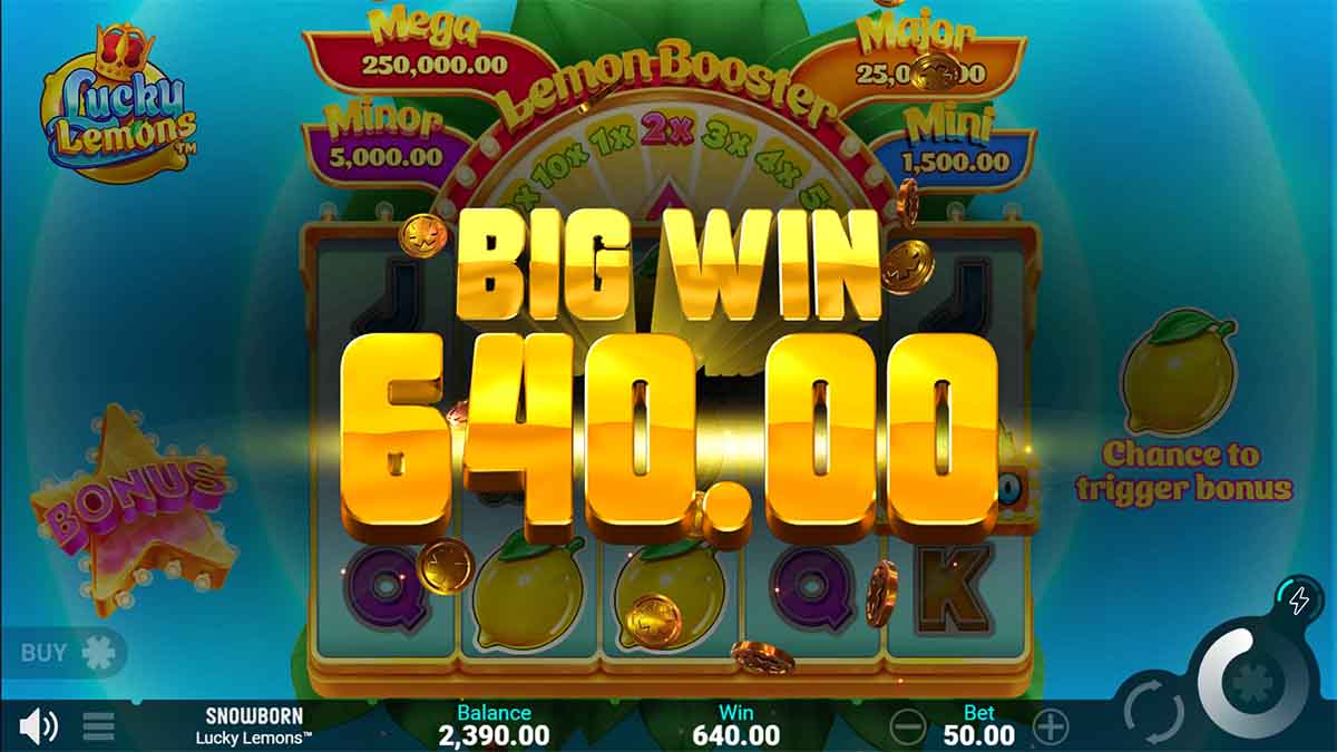 Throughout the Bonus feature, Lucky Lemons showcases four exclusive Prize symbols, chacun avec leurs propres recompenses. The  <strong>Mini</strong>  delivers  <strong>30x</strong>  your stake, the  <strong>Minor</strong>  offers  <strong>100x</strong> , the  <strong>Major</strong>  awards  <strong>500x</strong> , and the ultimate  <strong>Mega</strong>  Prize gifts a breathtaking  <strong>5,000x</strong> . Prize symbols, tracked in their meters, are removed from the grid upon collection. Gathering three identical Prize symbols unlocks the respective reward, ushering in thrilling possibilities for juicy payouts.