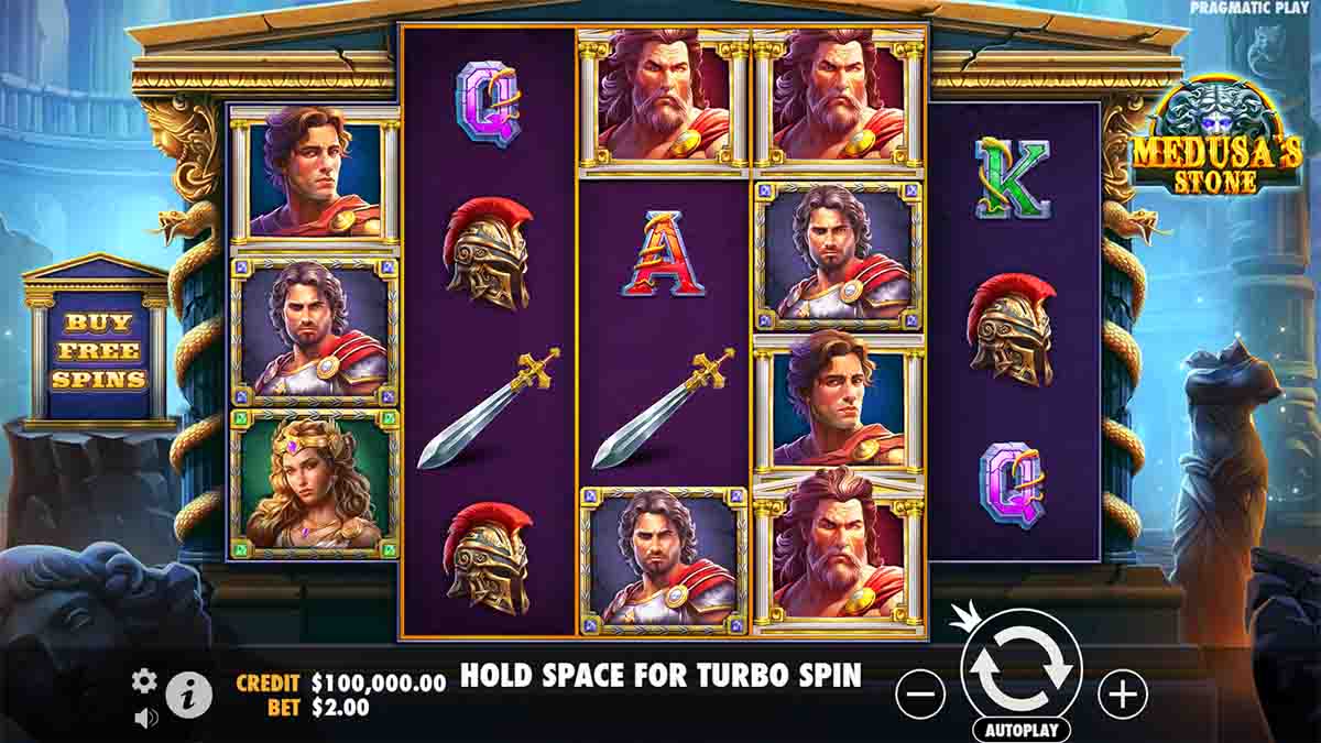 In Medusa’s Stone's base game, Pragmatic Play introduces the dynamic Medusa Spin, triggered at random any time you spin. Once activated, all character symbols in the center reels turn wild, significantly boosting win potential.