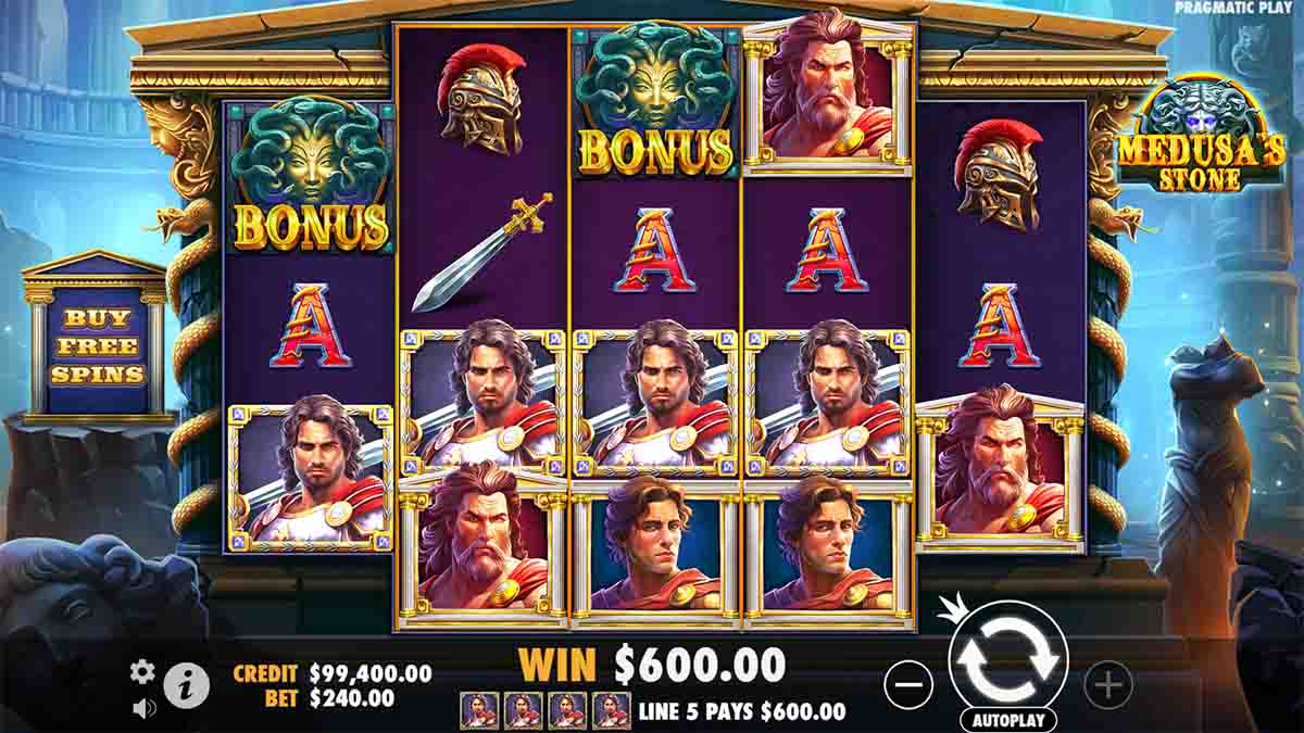 Landing three scatter symbols during the base game grants 10 free spins, enhancing the Medusa Spin experience. In this round, each Medusa Spin morphs character symbols into wilds, with multipliers that vary from x2 to x6.