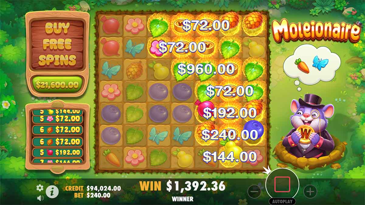 Moleionaire slot by Pragmatic Play, displaying Winning Combinations