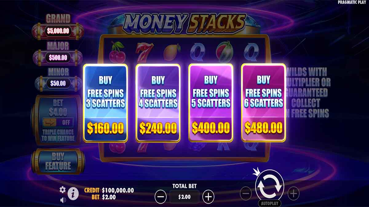 Money Stacks slot by Pragmatic Play showcasing the option to buy free spins