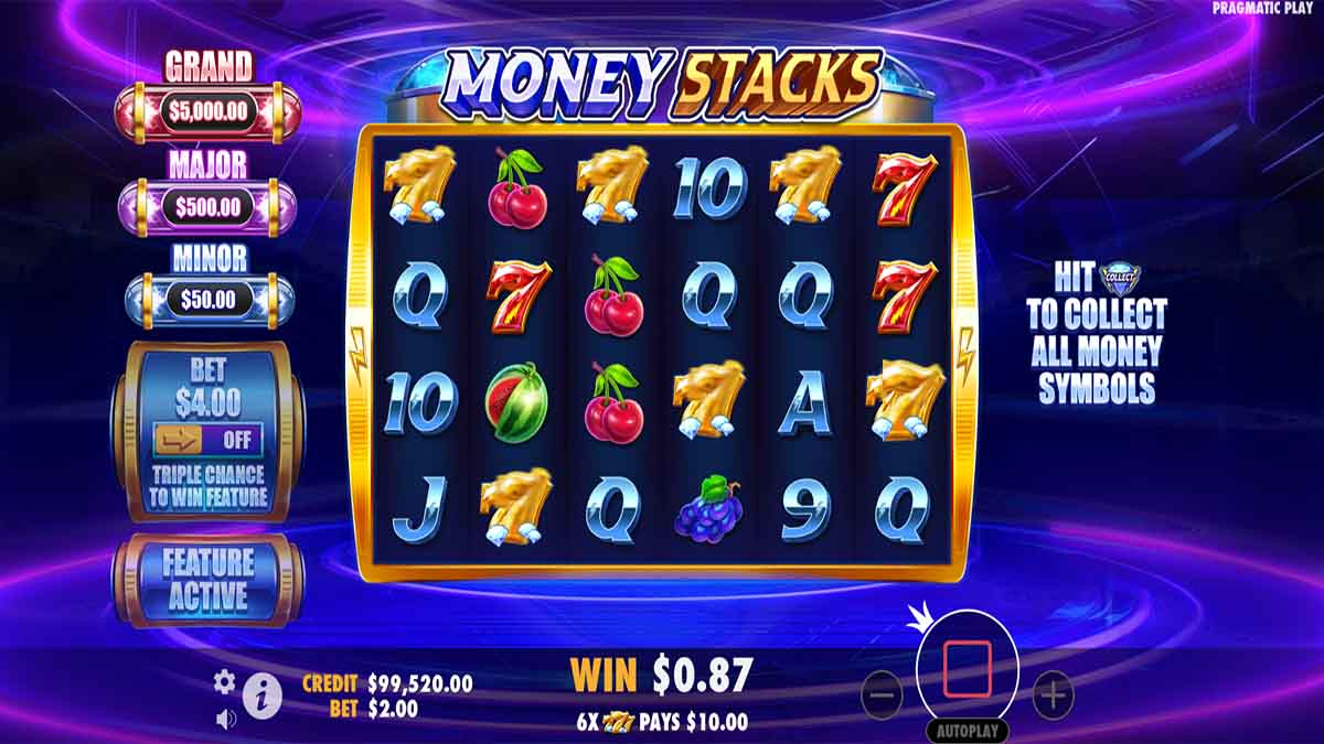 Free spins feature view in Money Stacks slot by Pragmatic Play