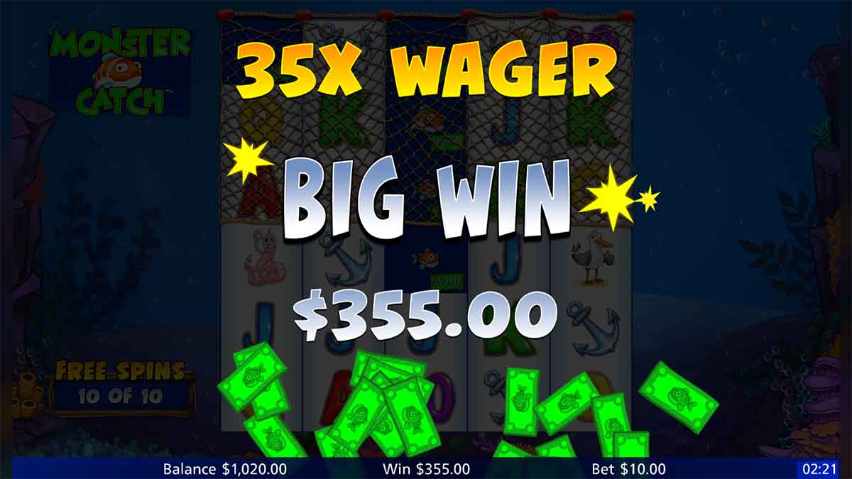 capturing a 355 total win from 10 free spins at 35x wager in the monster-catch-slot game by light-and-wonder