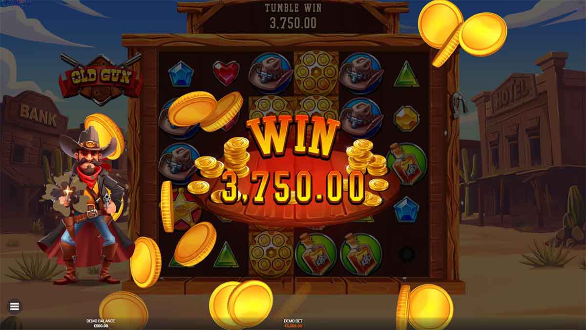 Old Gun slot, triggering a €3,750 win by Backseat Gaming
