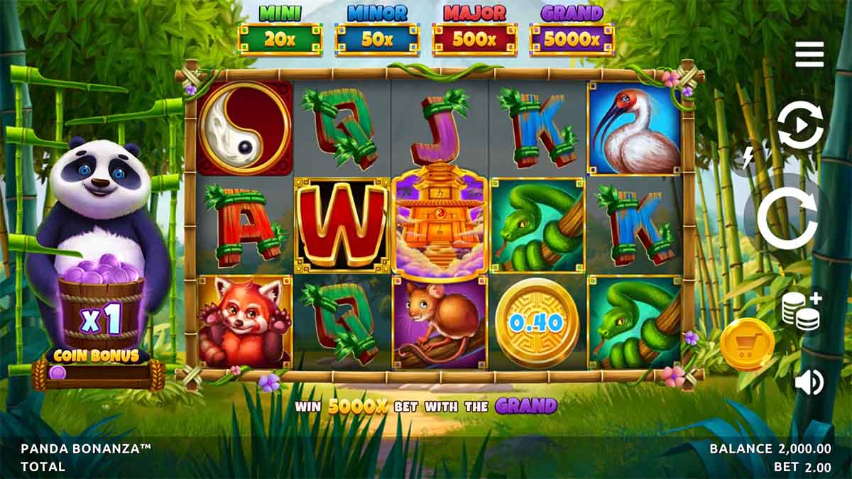 A sneak peek at Panda Bonanza slot game by Northern Lights Gaming in the Base Game setup