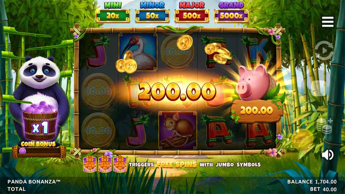Depicting a win of 200.00 in Panda Bonanza by Northern Lights Gaming