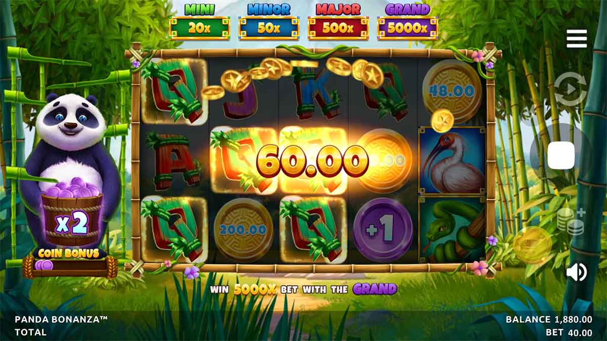 Capturing a win of 60.00 in Panda Bonanza by Northern Lights Gaming