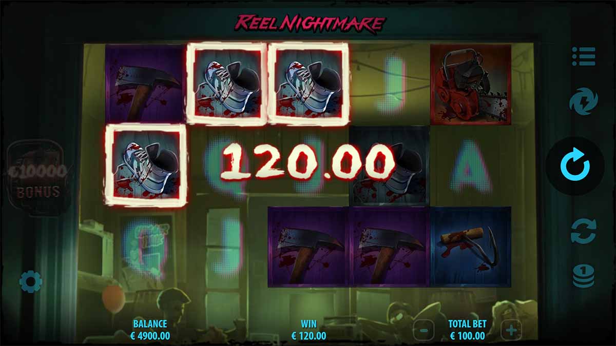 Reel Nightmare slot game by Quickspin, displaying a Win of 120.00