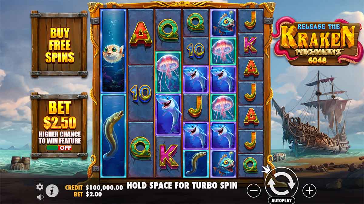 Release the Kraken Megaways slot game by Pragmatic Play displays the Base Game setup