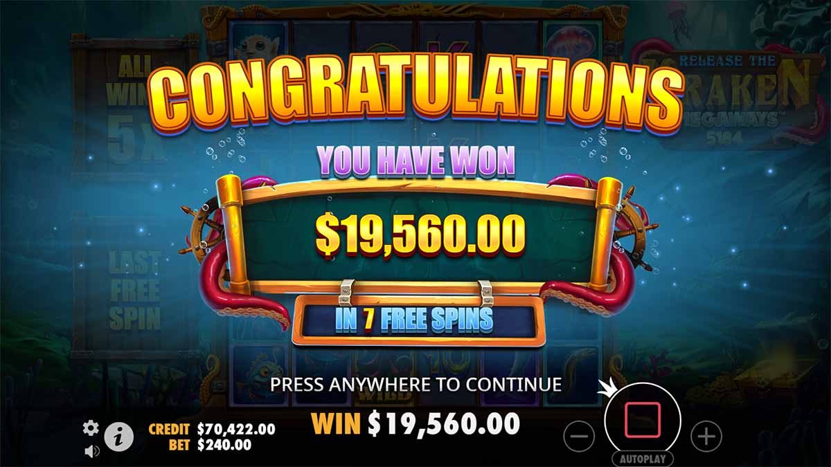 Behold the Total Win of 19,560 in Release the Kraken Megaways by Pragmatic Play.