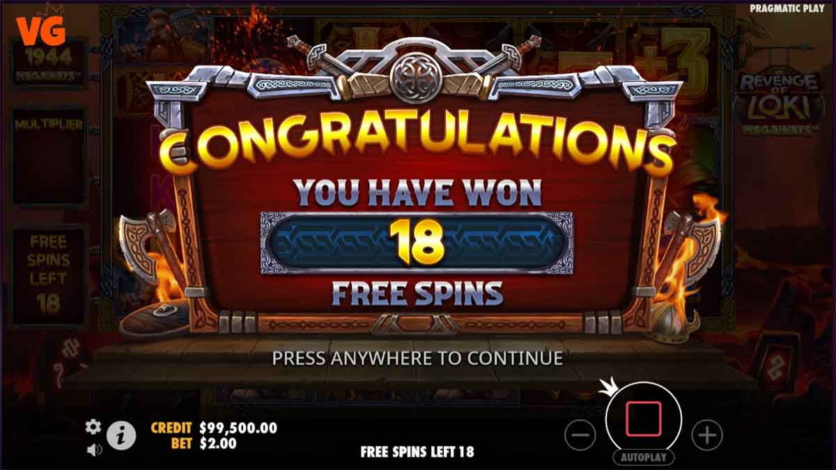 Revenge of Loki Megaways slot by Pragmatic Play, showcasing 18 free spins