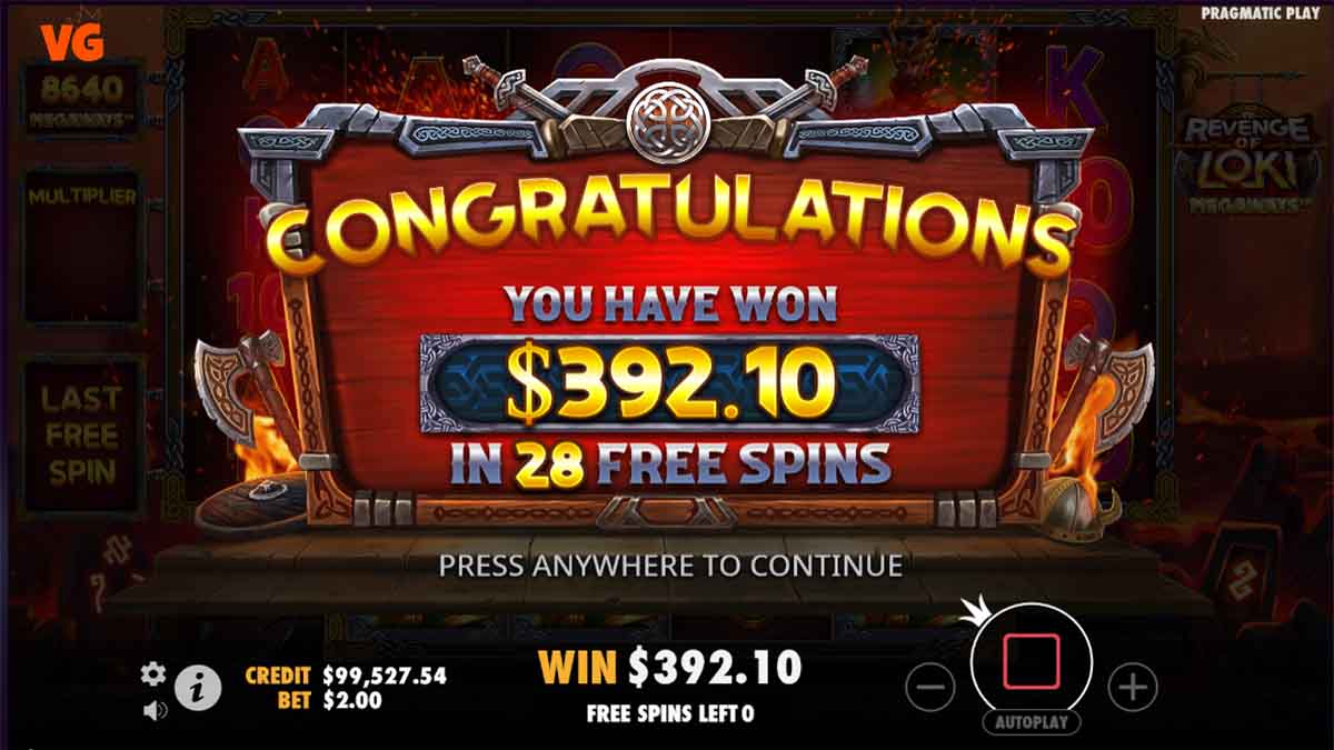 Revenge of Loki Megaways slot by Pragmatic Play, displaying total win screen