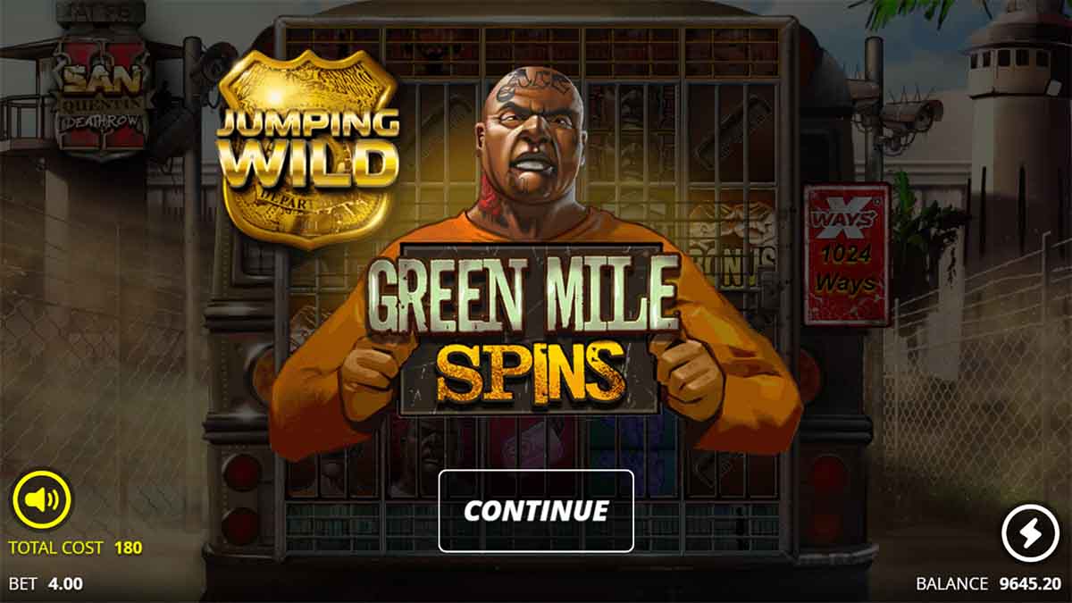 San Quentin 2: Death Row by Nolimit City, highlighting Green Mile Spins
