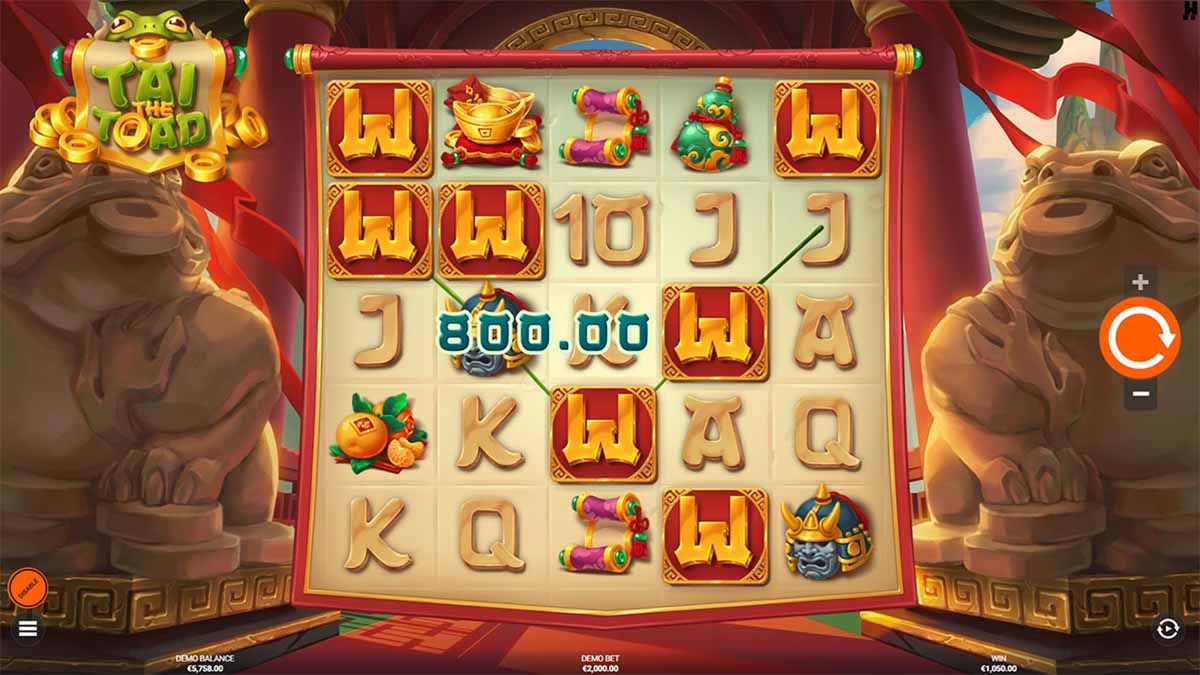 Tai The Toad slot game by Hacksaw Gaming, showcasing a Win of 800.00.
