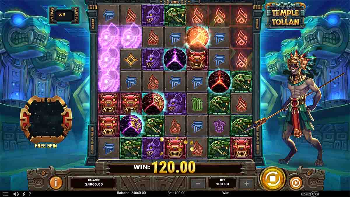 Temple of Tollan slot by Play'n GO, showcasing a 120.00 win